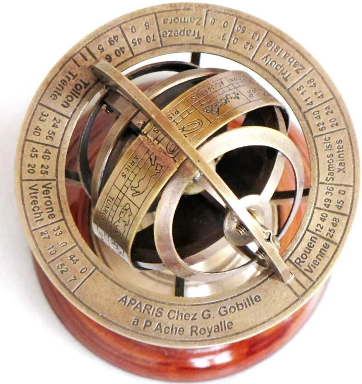 Brass Armillary Sphere Astrolabe On Wooden Base Maritime Nautical & Collectible - Retro Handicrafts