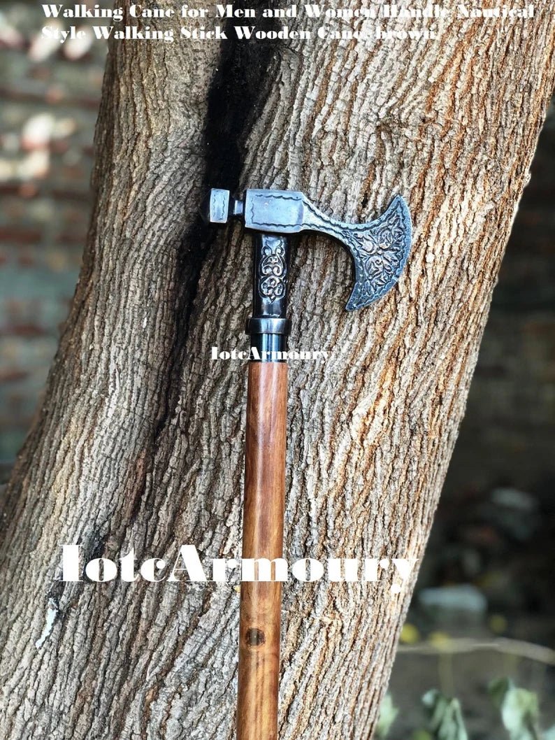 Brass Axe Handle Walking Stick Viking Wooden Cane - Retro Handicrafts