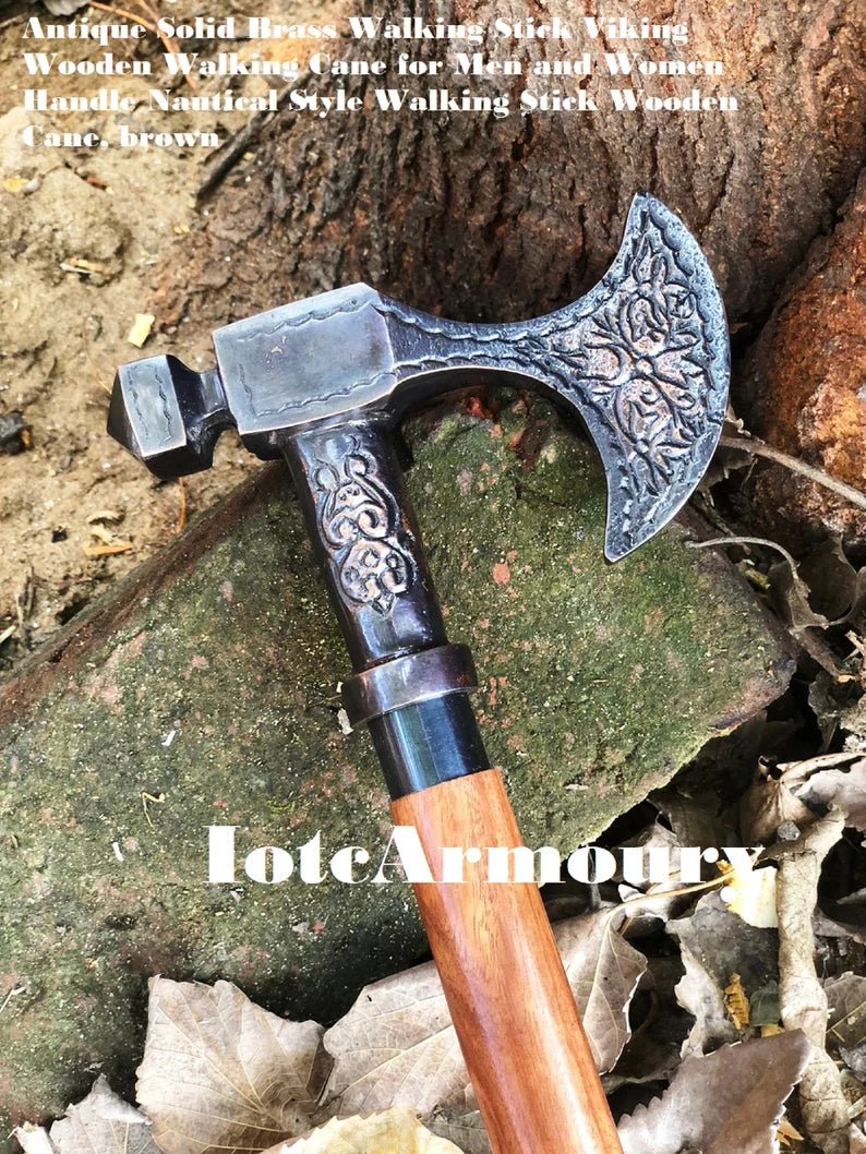 Brass Axe Handle Walking Stick Viking Wooden Cane - Retro Handicrafts