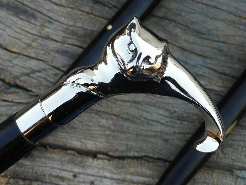 Brass Cat Head Handle Wooden Walking Stick, Detachable Shaft for Easy Storage