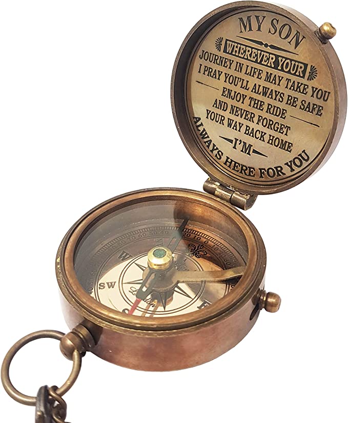 Brass compass with chain, personalized gift for son, engraved with loving message.