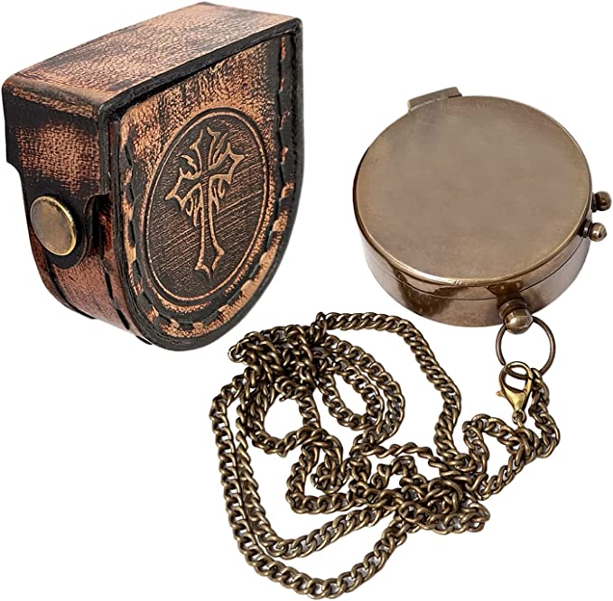 Brass compass with engraved design, leather pouch, and gift box, making a meaningful gift for special occasions like Baptism and Graduation.