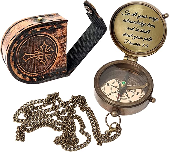 Brass compass with top grain leather case, ideal gift for Baptism, Communion, and Graduation Day celebrations.