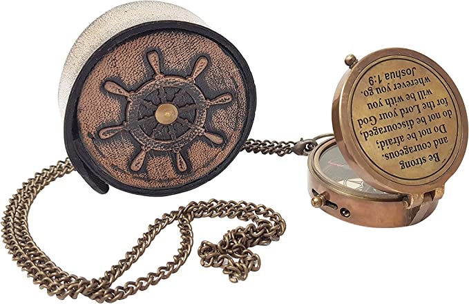 Be Strong and Courageous Brass Compass with custom leather case, a timeless gift for baptism, confirmation, and religious celebrations.
