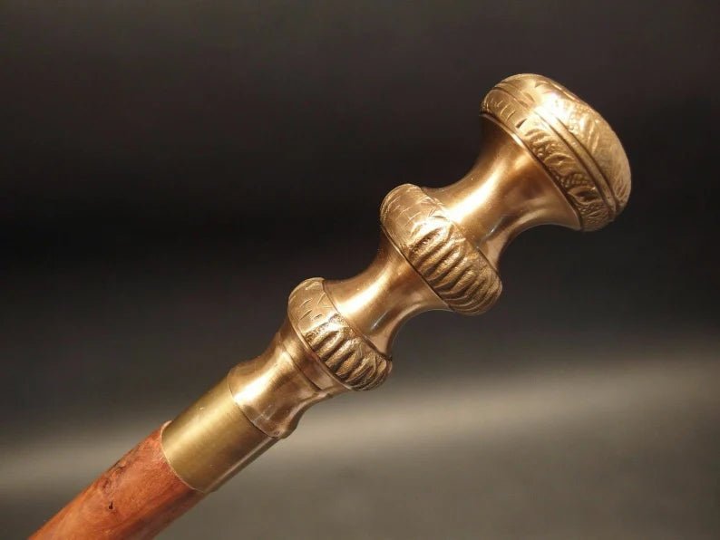 Engraved Brass Handle of Antique Old Brass Rope Spiral Walking Stick
