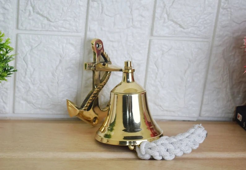 Brass Gong Bell, Small Wall Hanging Bell, Door Opening Bell With Lanyard, Brass Bell With brass anchor on back - Retro Handicrafts