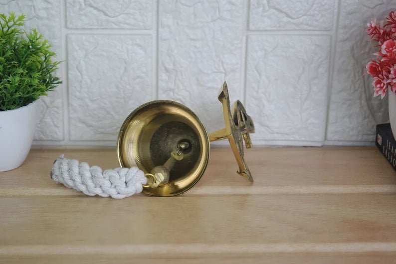 Brass Gong Bell, Small Wall Hanging Bell, Door Opening Bell With Lanyard, Brass Bell With brass anchor on back - Retro Handicrafts