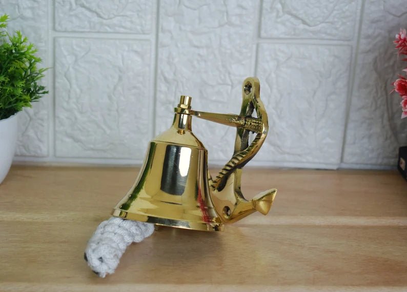 Brass Gong Bell, Small Wall Hanging Bell, Door Opening Bell With Lanyard, Brass Bell With brass anchor on back - Retro Handicrafts