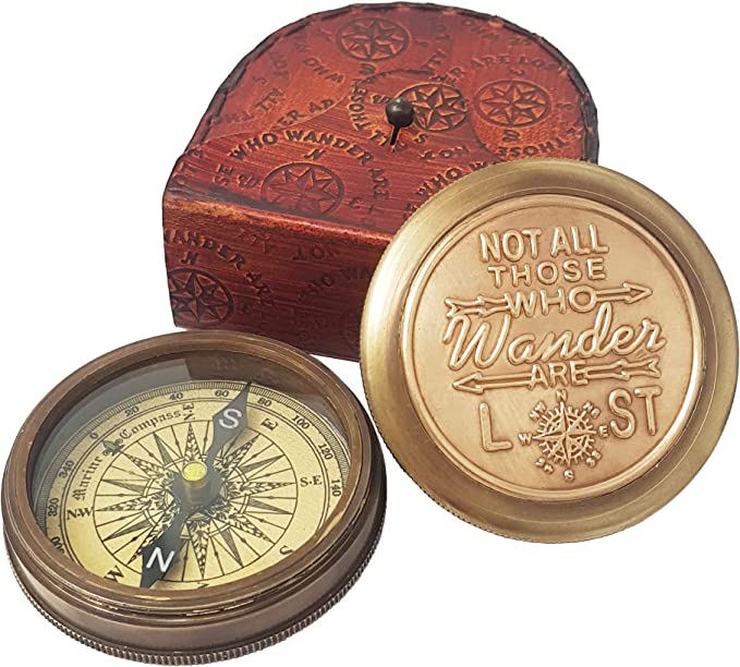 Brass nautical compass engraved with the Scout Oath, perfect for graduations and adventure gifts.