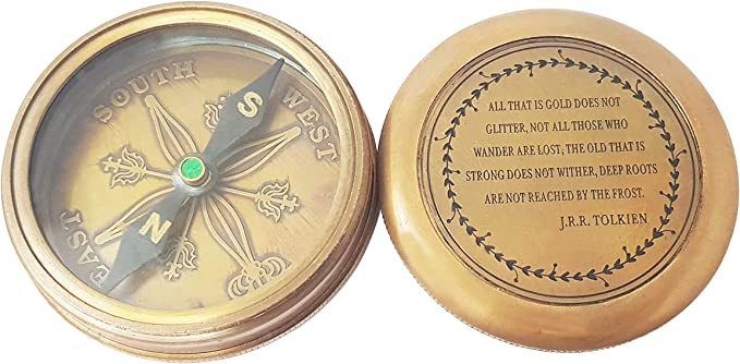 Brass pocket compass in gift box packaging, perfect for gifting to adventurers and scouts
