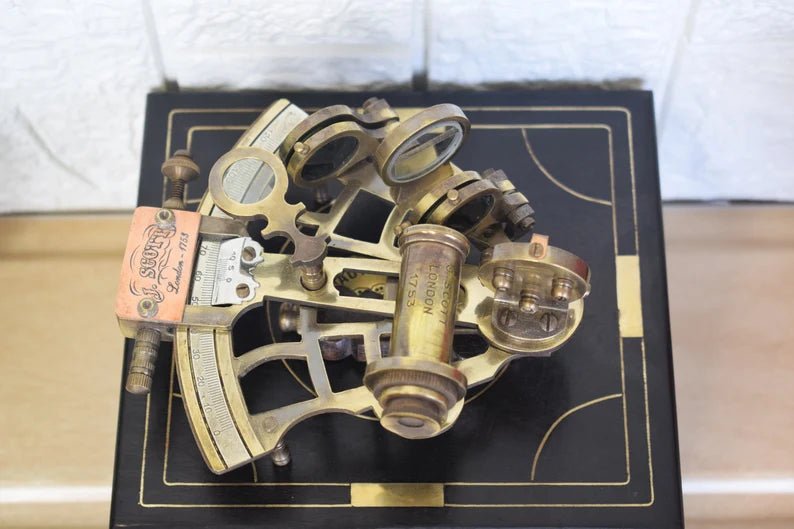 Brass Sextant, Handheld Nautical Sextant With Wooden Box - Retro Handicrafts