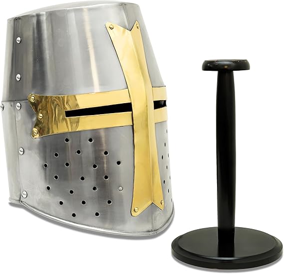 Brass and steel crusader helmet with medieval knight armor design and full-size cross detail for LARP and cosplay.
