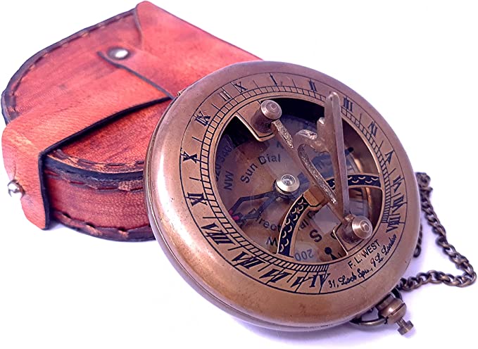 Brass sundial compass with leather case, showcasing vintage antique finish and portable design.