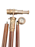 Brass and Wooden Victorian Walking Cane with Spyglass Handle and Antique Finish