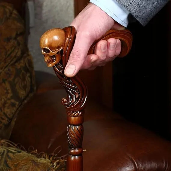 Close-up of Carved Skull Handle on 36'' Wooden Walking Stick Antique Cane