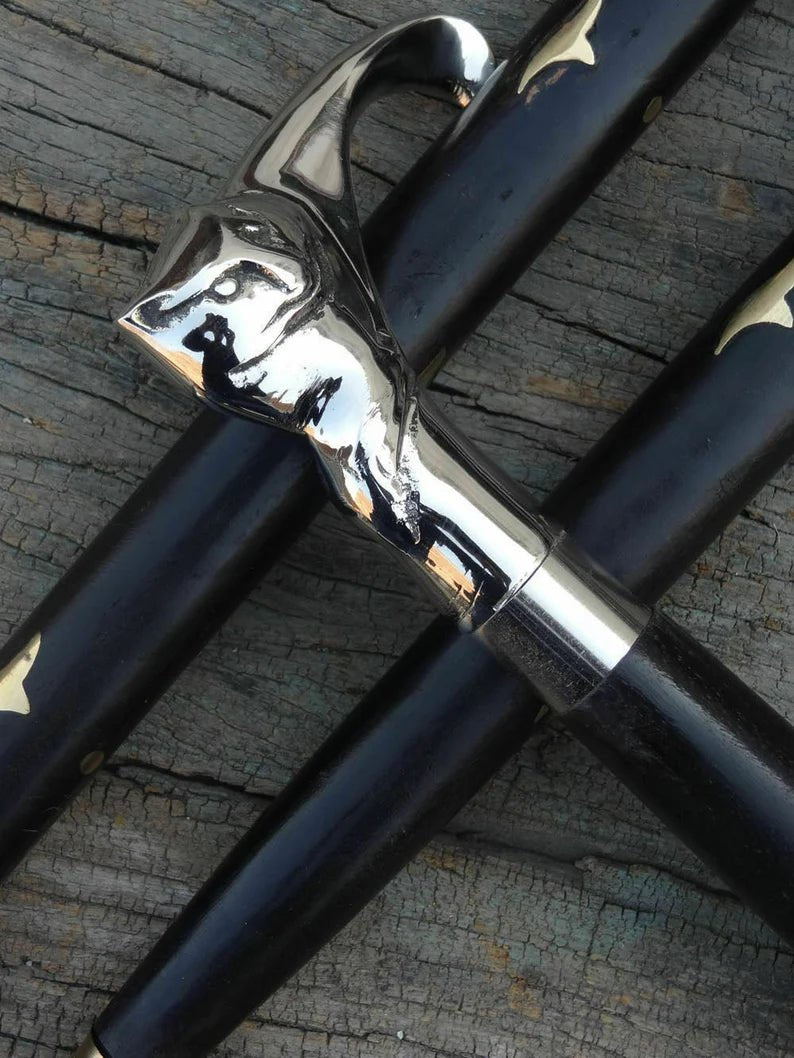 Cat Style Brass Walking Cane Wand with Wooden Shaft, Elegant Design