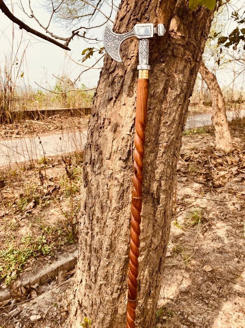 Chrome finish axe handle walking cane with removable brass ring, 11 cm axe-shaped head and 38-inch wooden stick.