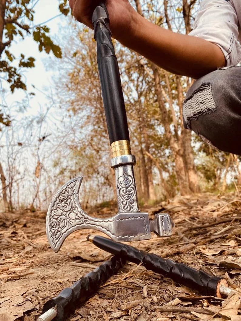 Walking stick with axe-shaped chrome finish handle, featuring a 38-inch wooden shaft made from Indian rosewood, perfect for everyday use and display.