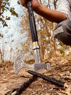 Walking stick with axe-shaped chrome finish handle, featuring a 38-inch wooden shaft made from Indian rosewood, perfect for everyday use and display.