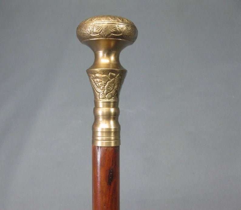 Close-up of Brass Handle on Antique Victorian Wooden Cane for Daily Use