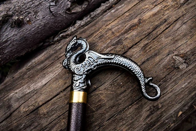 Close-up of Dragon Head Handle on Walking Cane with Cast Aluminum Design
