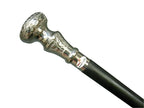 Close-up View of Silver Brass Handle on Antique Victorian Wooden Cane