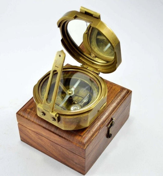 Compass - Antique Working Heavy Survey Brass Brunton Compass With Wooden Case - Husband Hubby Gift - Gift For Marine Man - Retro Handicrafts