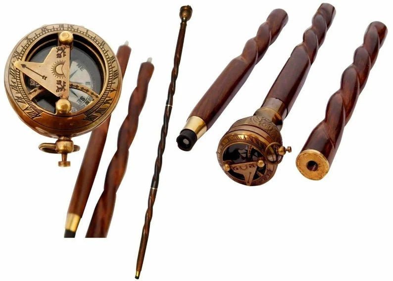Wooden shaft of the Compass Push Button Sundial Handle Home Décor Walking Stick-cane made from Indian rosewood, showcasing its quality finish.