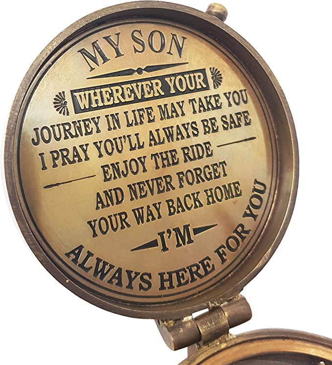 Engraved compass with loving message, perfect keepsake gift for son on graduation or Father’s Day.
