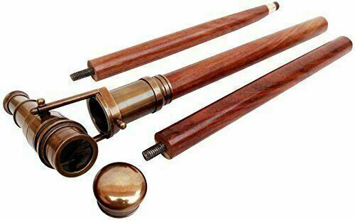 Complete 3-Fold Telescope Brass Walking Stick with Victorian Style and Antique Finish