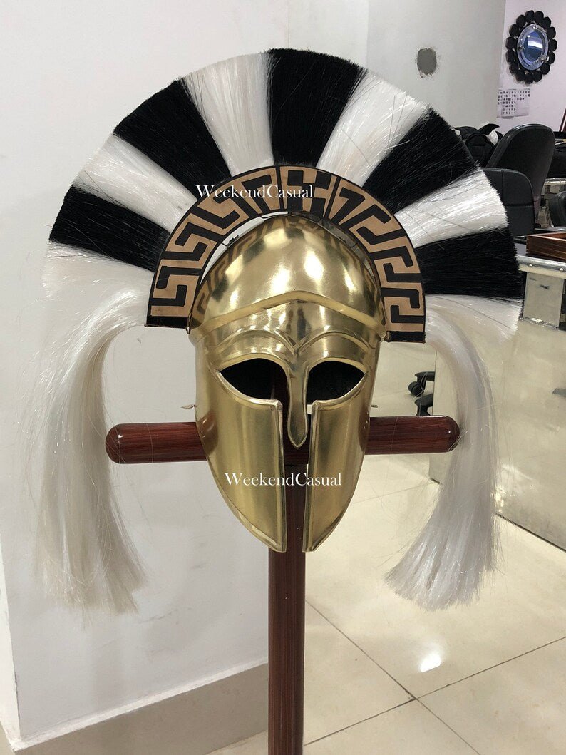 Crafted Elegance: Handmade Brass Greek Corinthian Helmet with Striking Black and White Plume - Perfect for Halloween, LARP, and SCA Costume - Retro Handicrafts