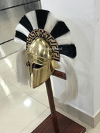 Crafted Elegance: Handmade Brass Greek Corinthian Helmet with Striking Black and White Plume - Perfect for Halloween, LARP, and SCA Costume - Retro Handicrafts