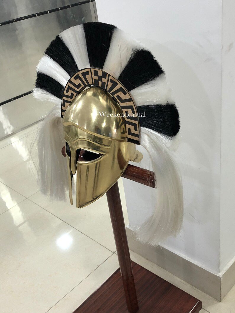 Crafted Elegance: Handmade Brass Greek Corinthian Helmet with Striking Black and White Plume - Perfect for Halloween, LARP, and SCA Costume - Retro Handicrafts