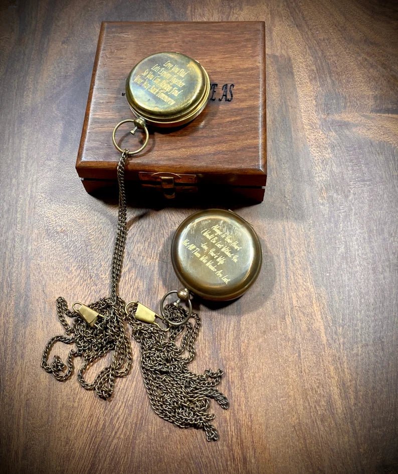 Custom engraved brass compass, a perfect graduation gift with personalized message and vintage design.