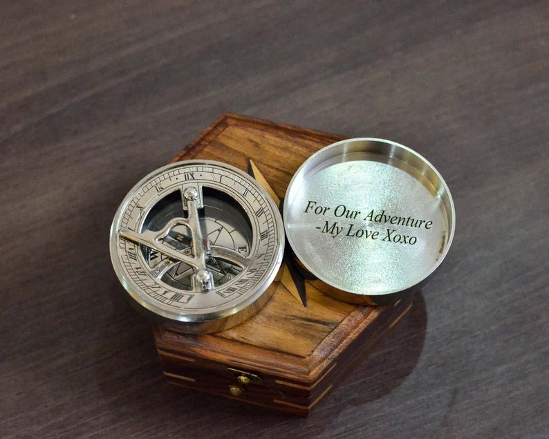 Custom engraved sundial compass for son, solid brass with personalized message, ideal anniversary gift