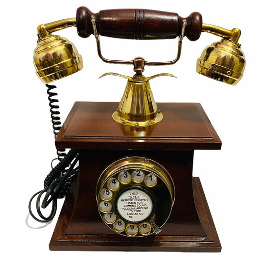 Decor Antique Rotary Old Style Brass Telephone With Wooden Base Beautiful - Retro Handicrafts