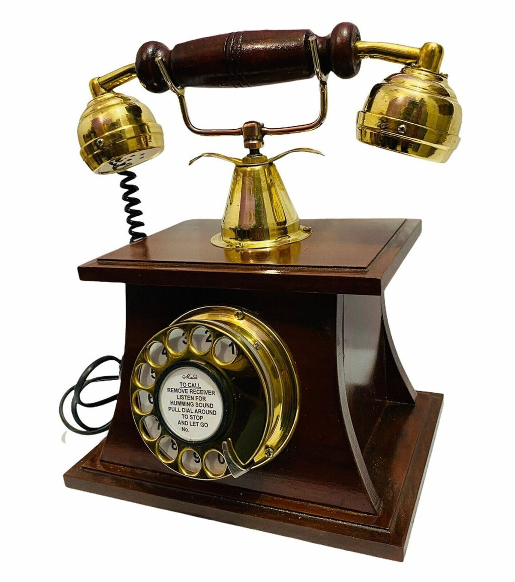 Decor Antique Rotary Old Style Brass Telephone With Wooden Base Beautiful - Retro Handicrafts