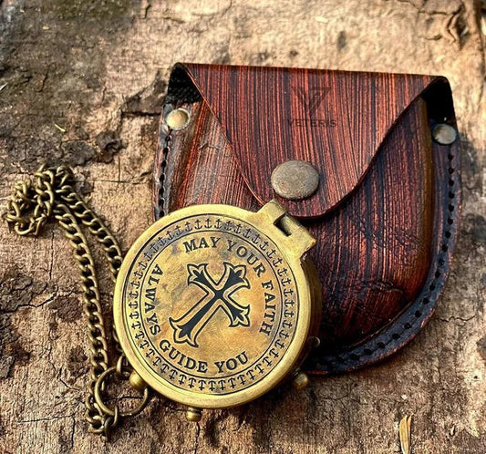 Directional Engraved Compass Working May Your Faith Always Guide You, Baptism Gifts With Leather Case or Wooden Case for Loved Ones, Son - Retro Handicrafts