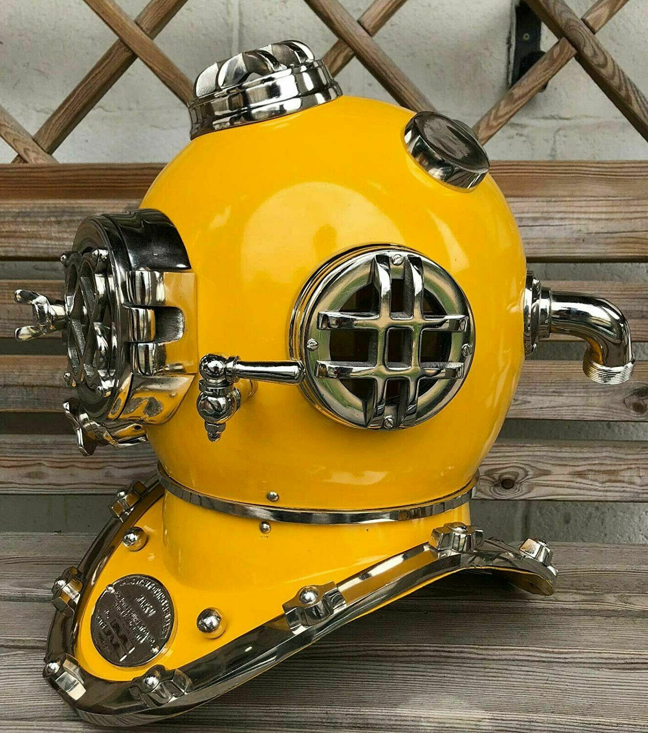 Diving Helmet Vintage Marine Boston Yellow Brass Scuba Divers US Navy Mark IV - Retro Handicrafts