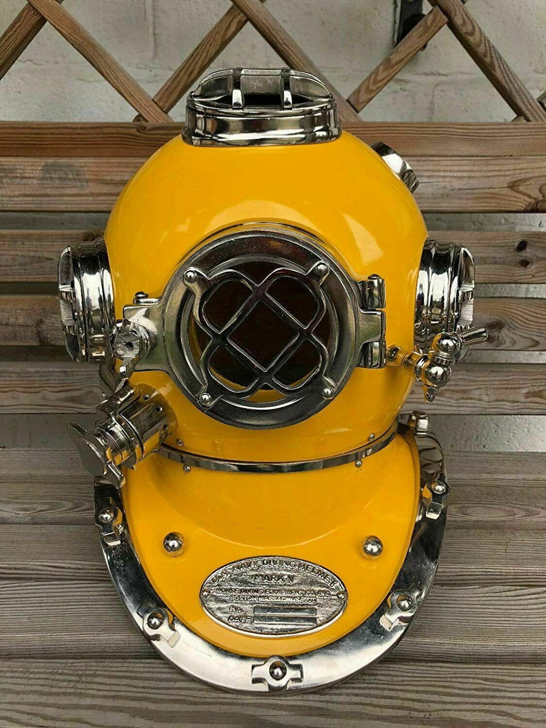 Diving Helmet Vintage Marine Boston Yellow Brass Scuba Divers US Navy Mark IV - Retro Handicrafts