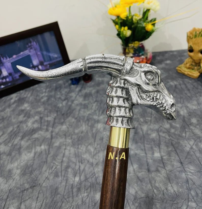 Victorian style Dragon Head Walking Cane with nautical Toscano dragon handle and wooden shaft, unique design for collectors and everyday use.
