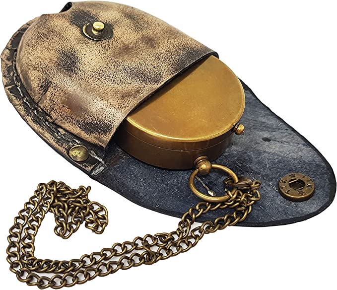 Example of an engravable antique brass compass with engraving area highlighted on the top side.