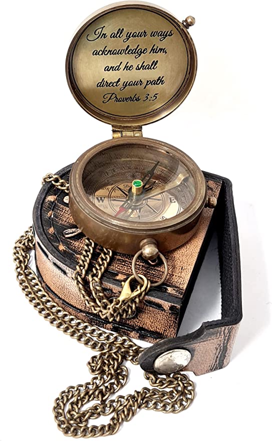 Engraved brass nautical compass with pocket chain, perfect for graduation, confirmation, or as a godson gift