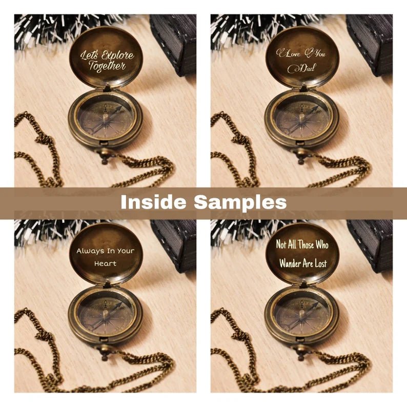 Custom engraving on the top side of a brass compass, ideal for names, dates, or short quotes.