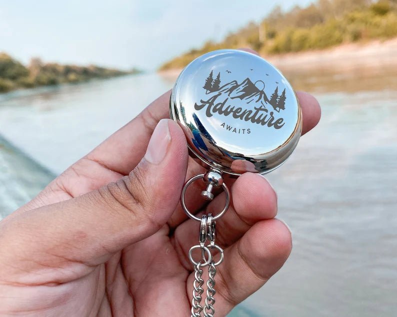 Custom engraved compact compass, a functional and decorative gift for him, perfect for anniversaries.