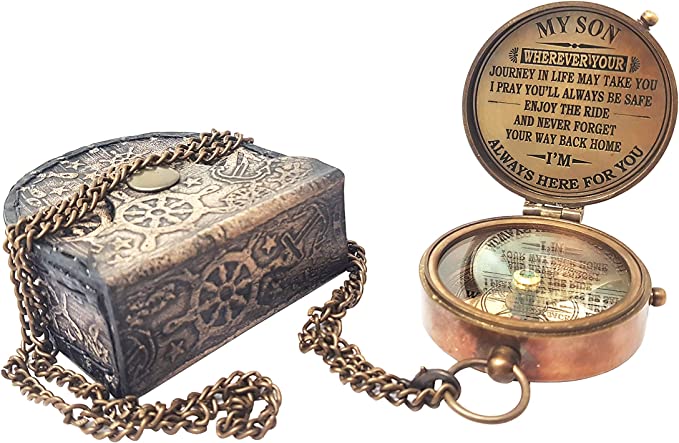 Personalized engraved compass with wood case, perfect gift for son with heartfelt message.