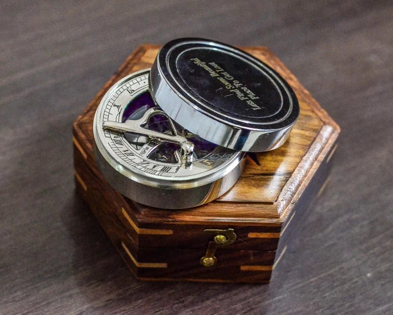 Engraved sundial compass with custom personalization, perfect gift for anniversaries, birthdays, and special occasions.