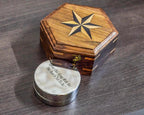 Engraved wooden box for sundial compass, personalized with initials or custom message, a perfect keepsake