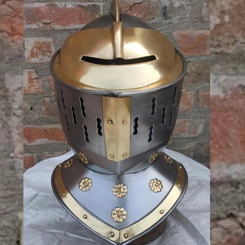 European Knight Helmet Medieval Knight Close Helmet with Brass Helmet Role Play Knight Helmet 18 Gauge Wearable Helmet - Retro Handicrafts