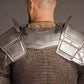 Flexible sections of Dwalin's pauldrons with gorget offering full range of motion for LARP